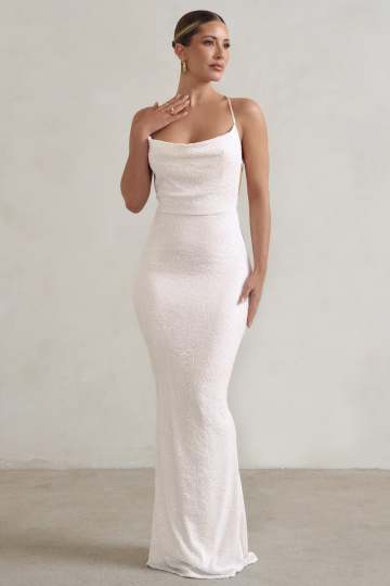 Seeing Stars White Cowl Cami Sequin Maxi Dress With Waist Tie